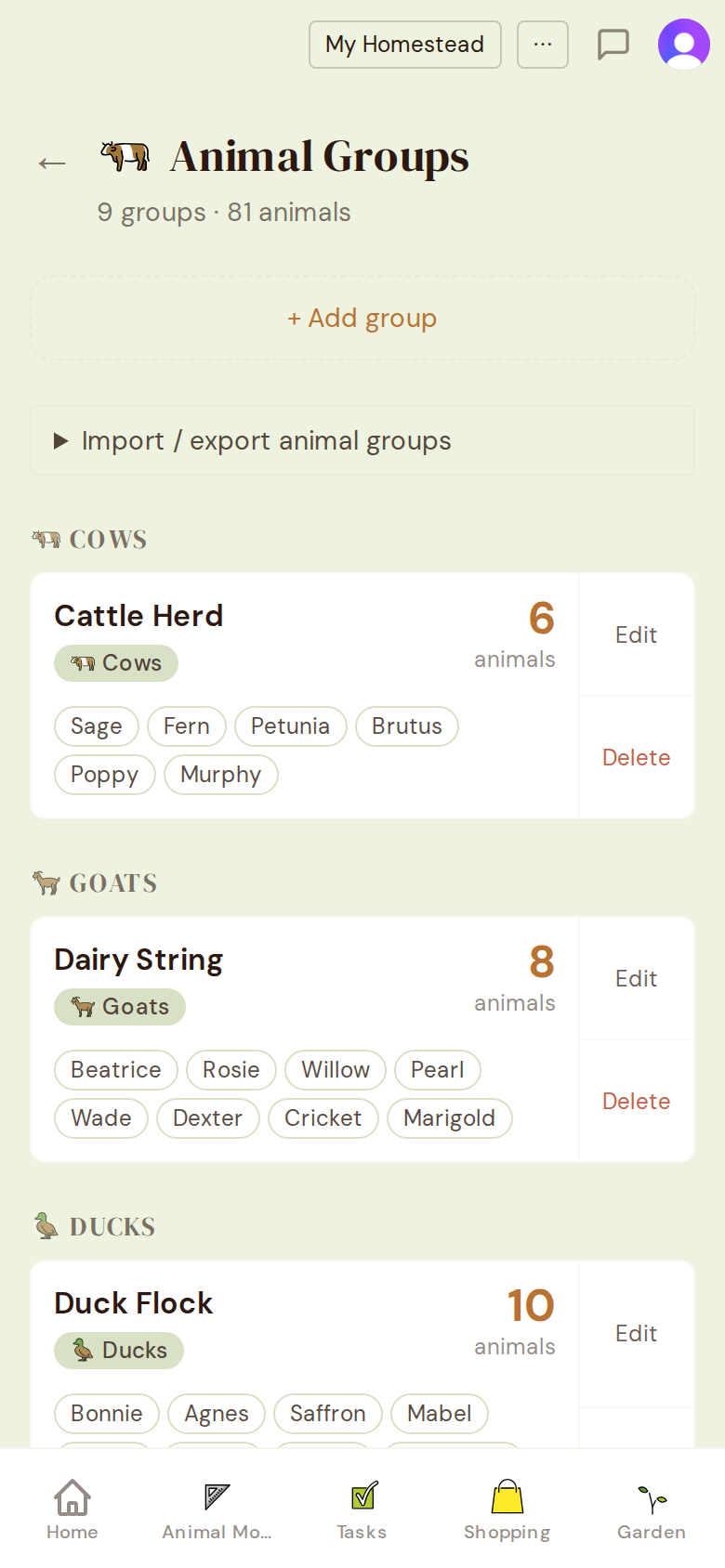 Animal roster screen in EveryHomestead