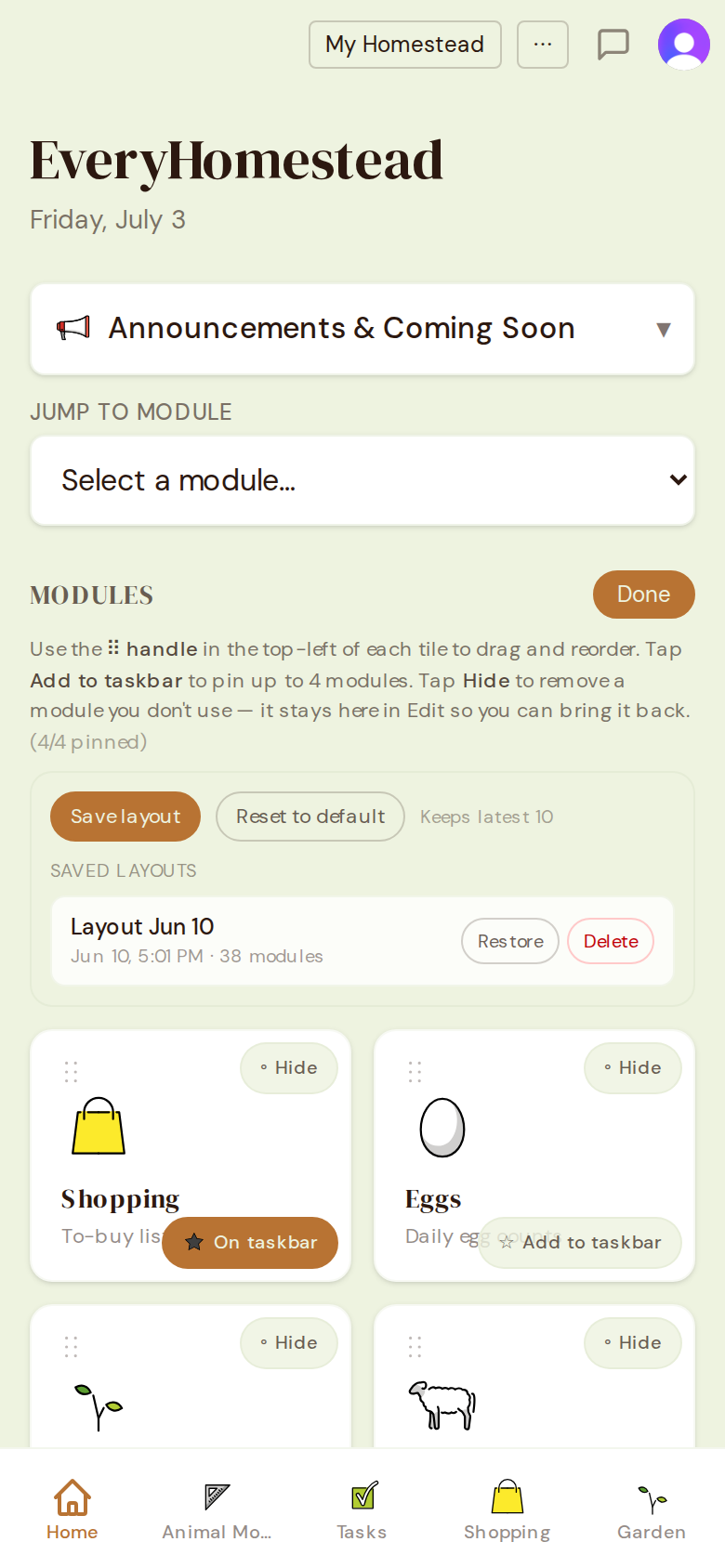 Customizable home screen layout in EveryHomestead